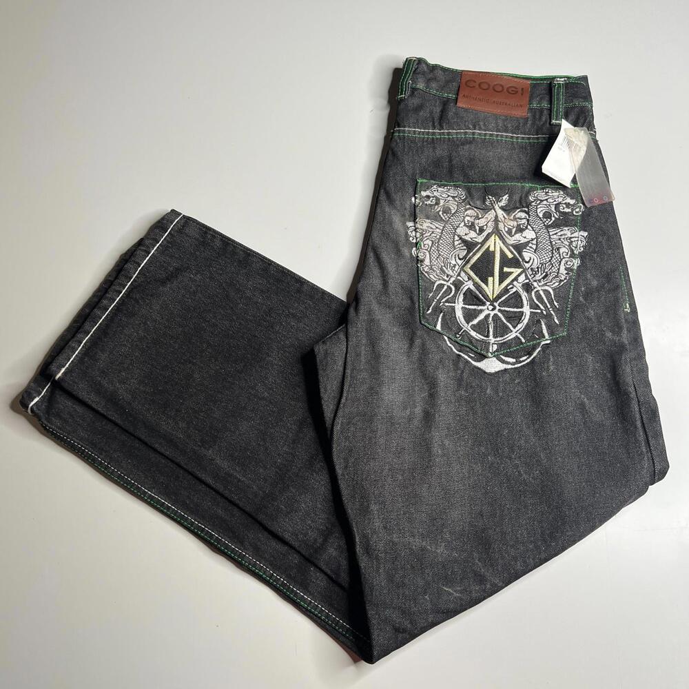 COOGI Jeans Men’s W36‎ Black Green Stitch Embroidered Back Pocket Hip Hop Denim